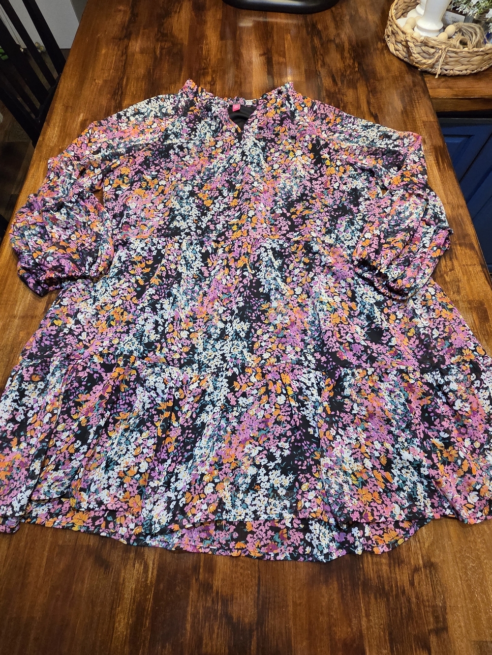 Vince Camuto Floral Tier Mini Babydoll Dress Size XXL Long Sleeve Sheer Lined